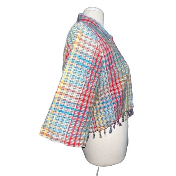 Onque Casuals Vintage Plaid Tassel Hem Collared Crop Top Sz Large Womens MultiCo - Picture 3 of 7